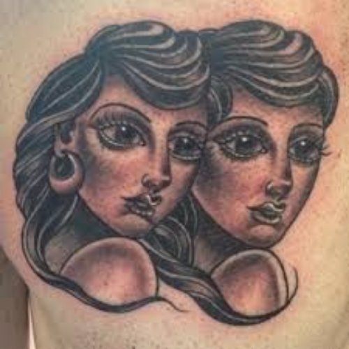 Grey Ink Gemini Girl Heads Tattoos Designs