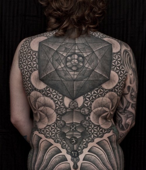 Grey Ink Geometric Tattoo On Full BAck For Women