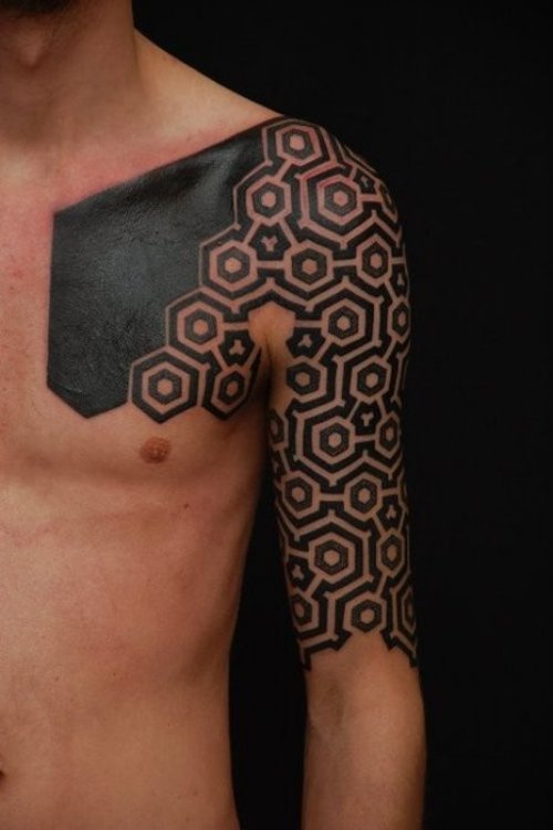 Black Ink Geometric Tattoo On Chest and Half Sleeve