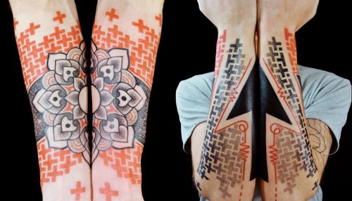 Geometric Flower And Arrow Tattoo Designs On Both Arms
