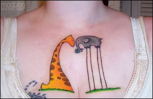 Color Ink Giraffe And Cartoon Elephant Tattoo On Chest