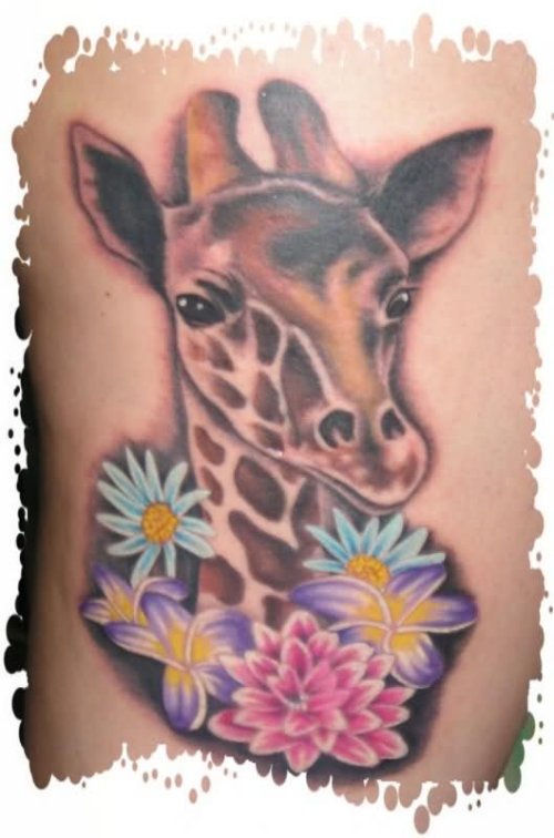 Colored Flowers and Giraffe Tattoo