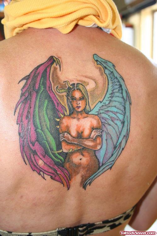 Devil Angel Girl Tattoo On Upper Back