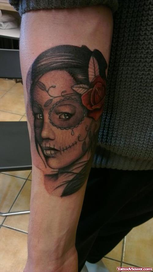 Sugar Skull Girl Tattoo Design On The Arm Of Guys