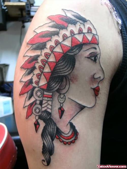 Girl Head Tattoo On Right Shoulder