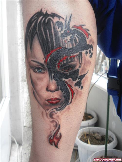 Dragon Girl Head Tattoo Design