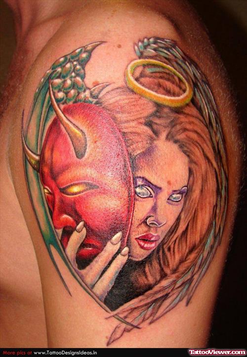 Angel Girl With Devil Mask Tattoo On Shoulder