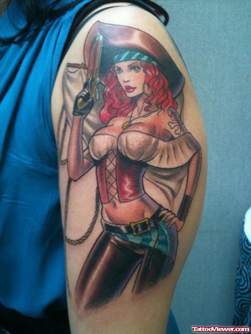 Pirate Pin Up Girl Tattoo On Shoulder