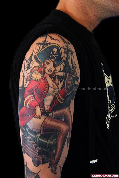 Pirate Girl Tattoo On Right Arm Of Guy