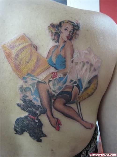 Pin Up Girl Tattoo On Back Shoulder