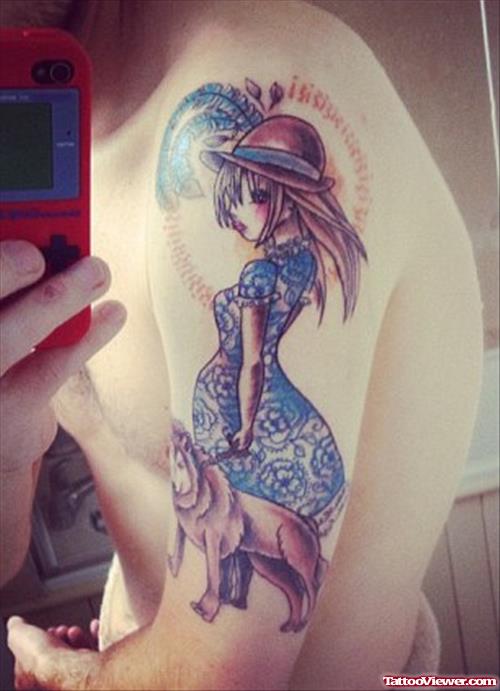 Lovely Girl Tattoo On Left Shoulder
