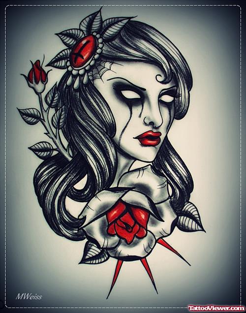 Girl With Rose Tattoo Flash