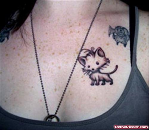 Cute Cat Tattoo On Chest For Girls