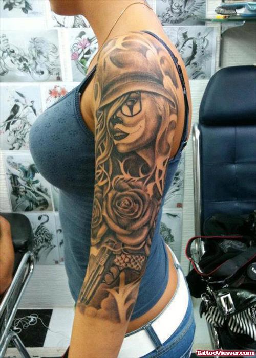 Clown Girl Rose & Gun Tattoo On Sleeve