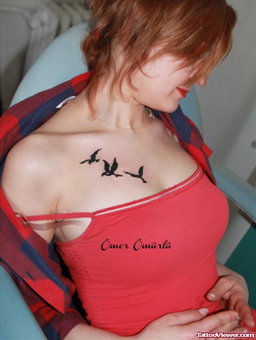 Birds Tattoo On Chest Of Girl