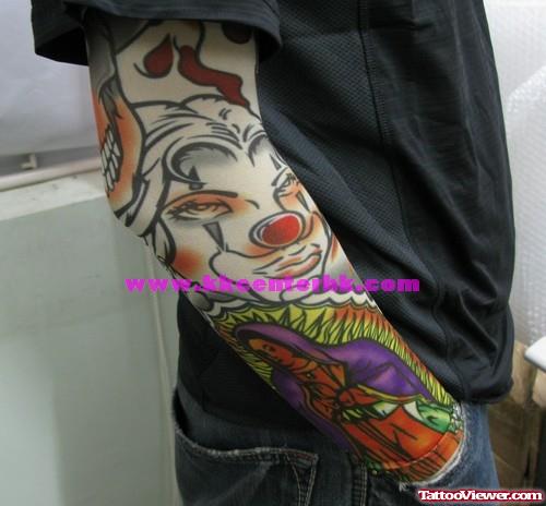 Clown Girl & Virgin Mary Tattoo On Sleeve