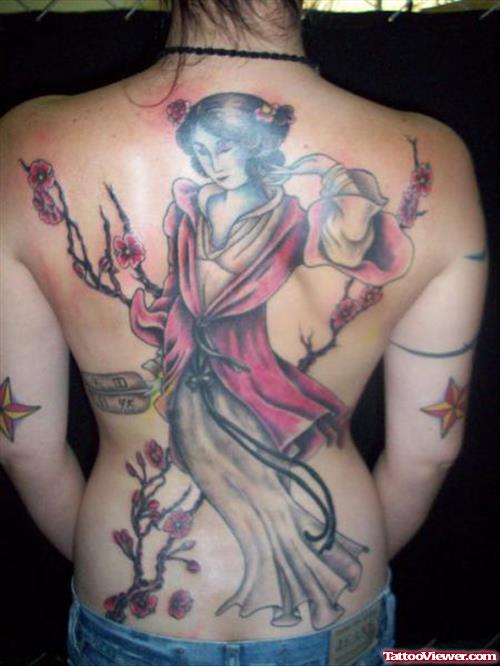 Asian Geisha Girl Tattoo On Back Of Girl