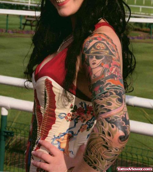 Amazing Pirate Girl Tattoo On Sleeve
