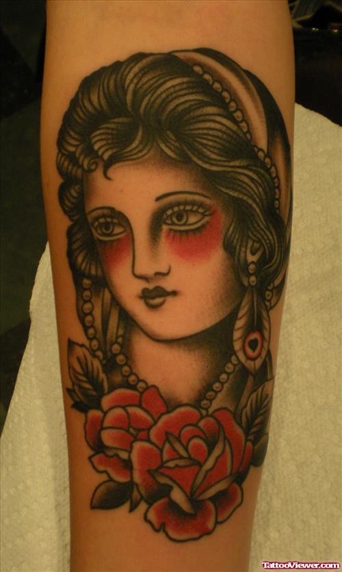 A Gypsy Girl And Red Roses Tattoo Design