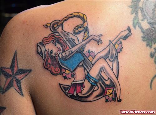 Sailor Gir Pin Up Tattoo On Back Shoulder