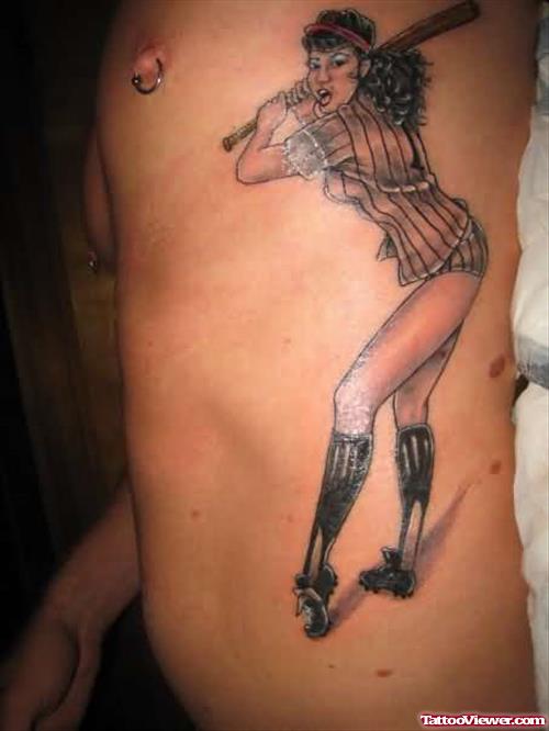 Pinup Girl Playing Baseball Tattoo On Rib