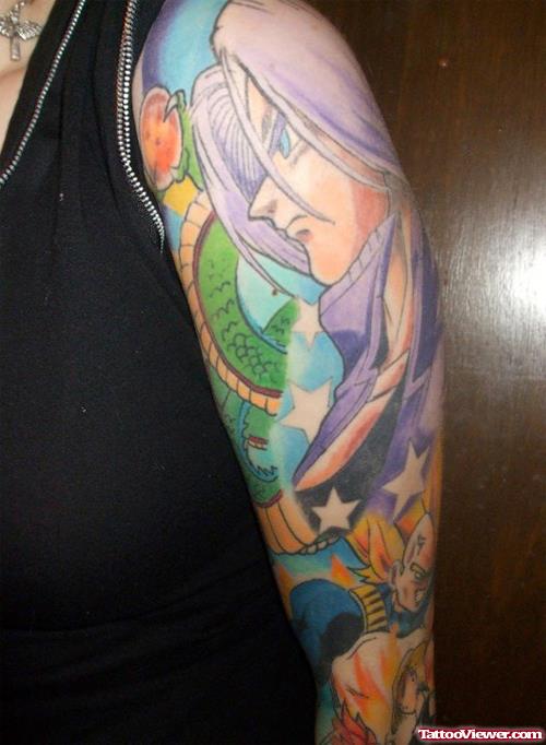 Color Ink Anime Girl Tattoo Design On Sleeve