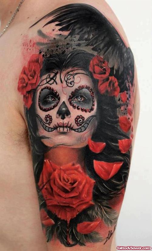 Sugar Skull Girl Tattoo On Shoulder