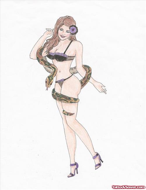 Pin Up Girl With Snake Tattoo Design
