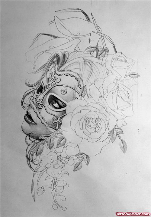 Masked Girl Tattoo Sketch