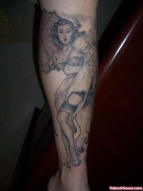 Beautiful Girl Tattoo On Leg
