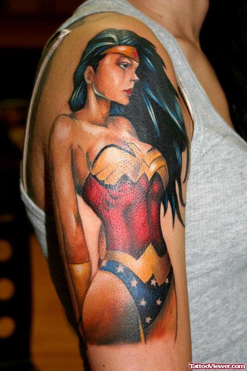 Pin Up Girl Tattoo On Right Shoulder