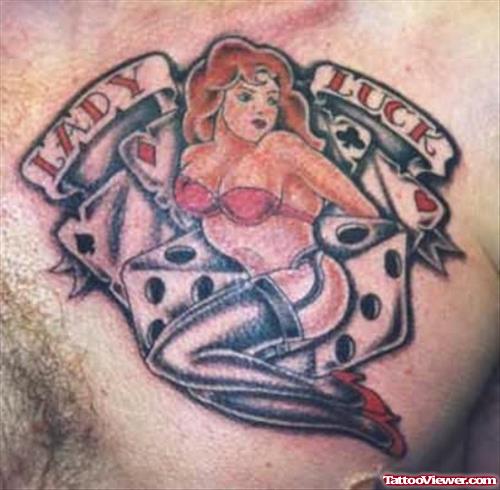 Lady Luck Girl Tattoo On Chest