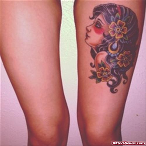 Gypsy Girl Tattoo On Left Thigh