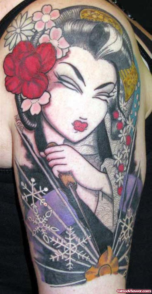 Geisha Girl n Flowers Tattoo On Shoulder