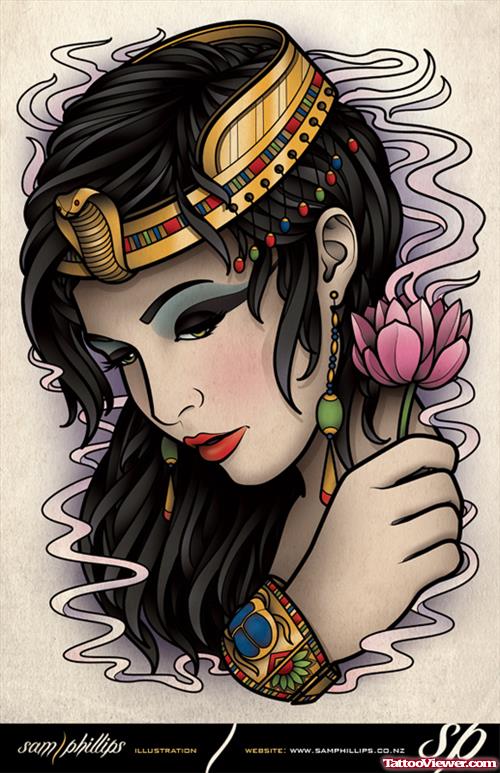 Egyptian Girl Lotus Tattoo Design