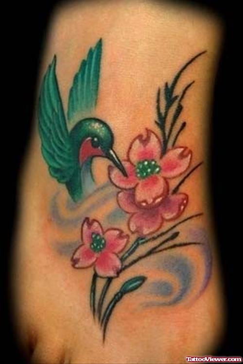 Bird And Flower Tattoo On Foot For Girls