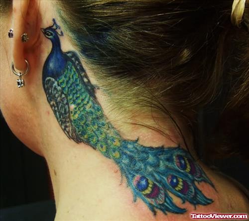Peacock Tattoo On Neck For Girls