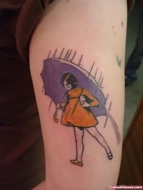 Girl With Umbrella Tattoo On Bicep