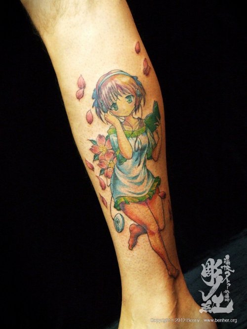 Anime Girl Tattoo On Leg