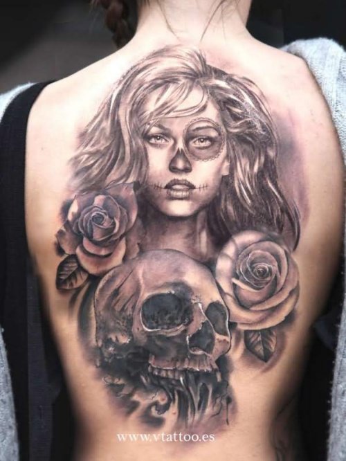 Grey Skull And Rose Flower With Girl Tattoo On Back