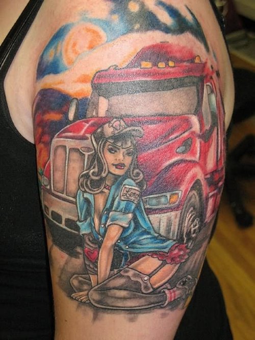 Truck Pinup Girl Tattoo On Shoulder