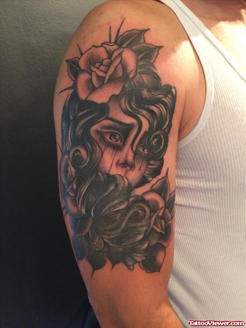 crying girl in roses tattoo