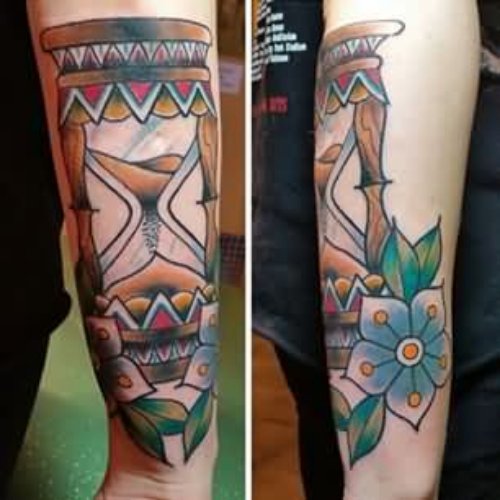 Flowers And Glass Tattoo On Arm Sleeve