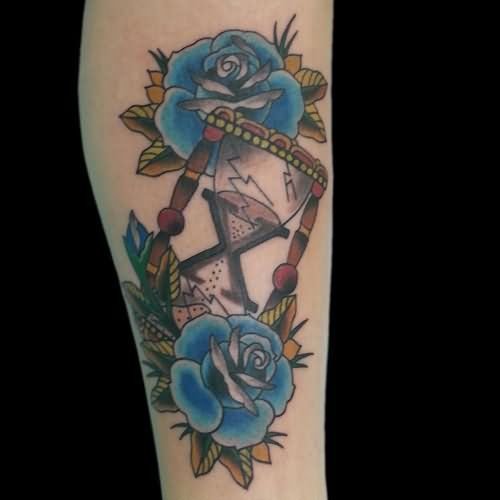 Blue Rose Flowers Hourglass Tattoo