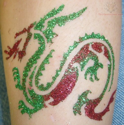 Green And Red Dragon Glitter Tattoo