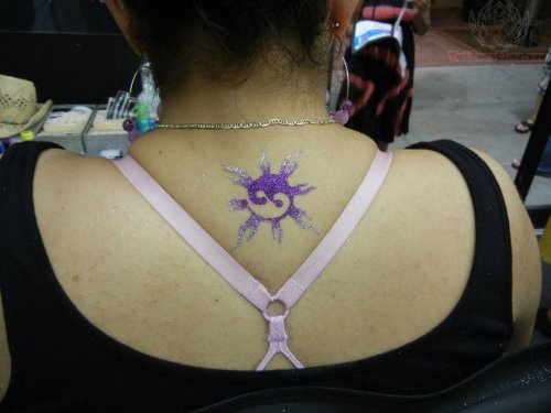 Glitter Sun Tattoo On Upperback