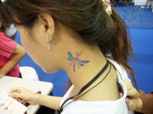 Dragonfly Glitter Tattoo On Neck