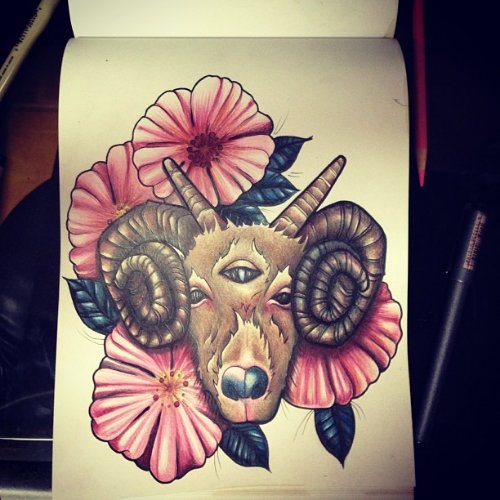 Lily Flower And Goat Head Tattoo Design