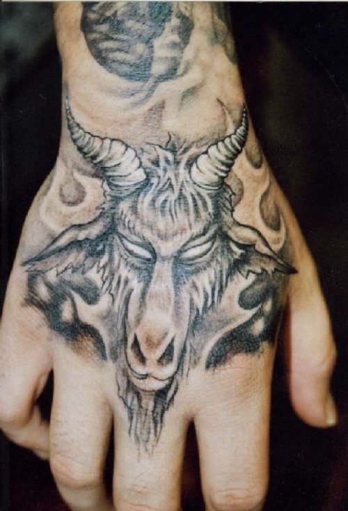Grey Ink Goat Head Tattoo On Right Hand