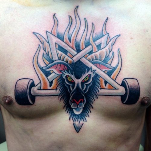 Goat Head Flaming Tattoo On Man Chest